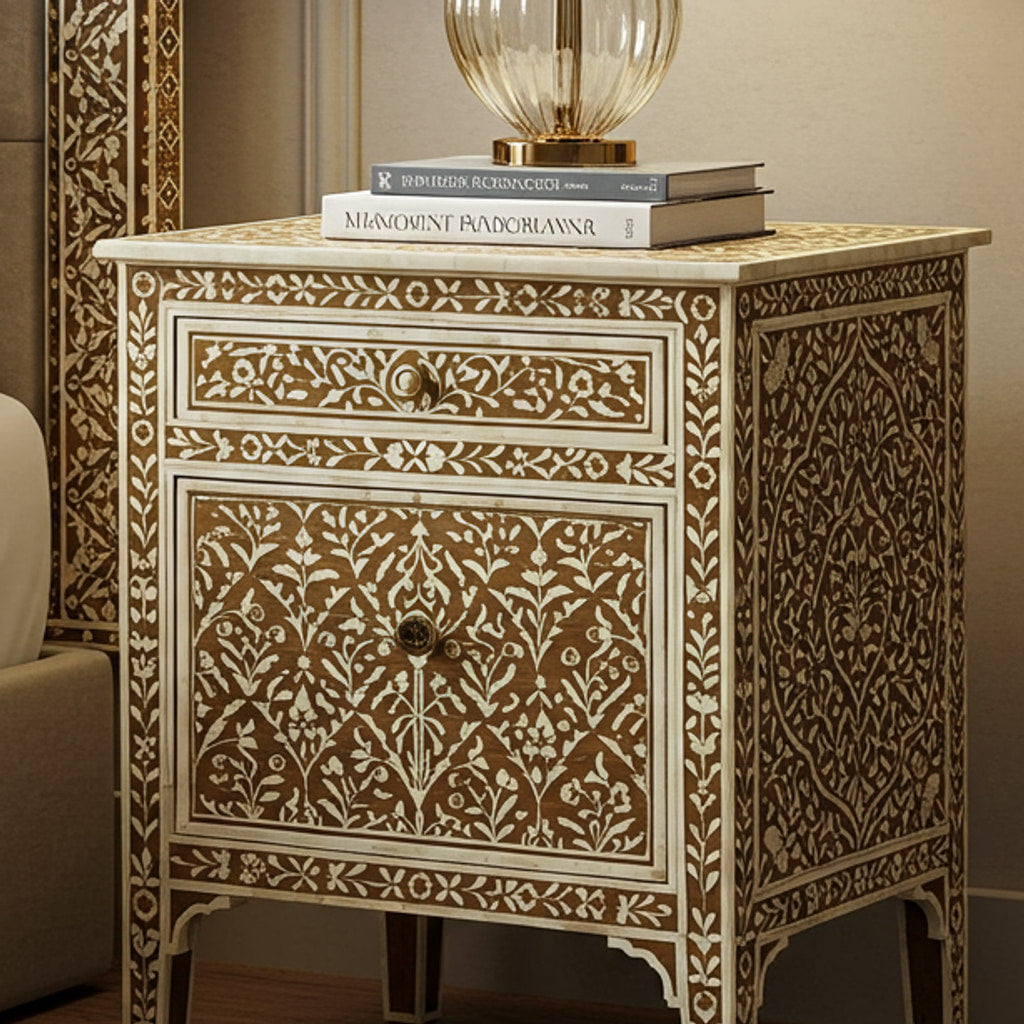 Ornate Floral Inlaid Wood Bedside Table | Luxury Handmade Bedside Table