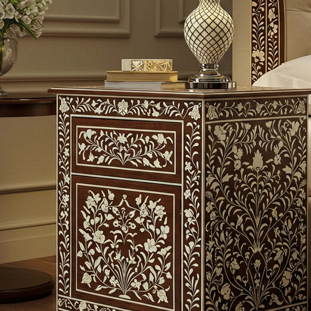 Ornate Inlaid Wooden Bedside Table | Luxury Handmade Bedside Table