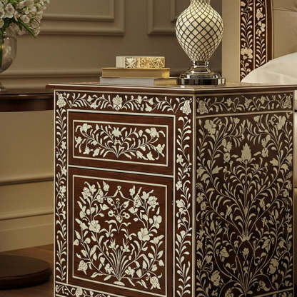 Ornate Inlaid Wooden Bedside Table | Luxury Handmade Bedside Table
