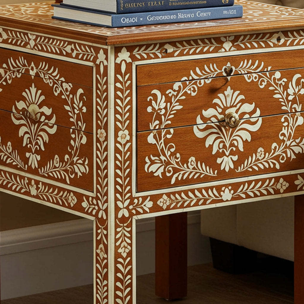 Ornate Wooden Bedside Table with Inlay Design | Luxury Handmade Bedside Table