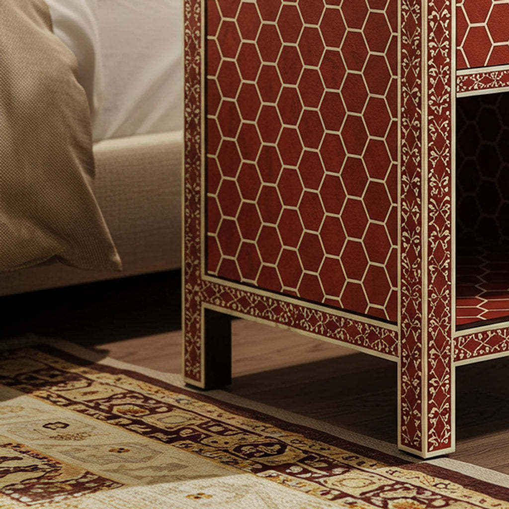 Red and Gold Patterned Bedside Table with Drawer and Open Shelf | Luxury Handmade Bedside Table