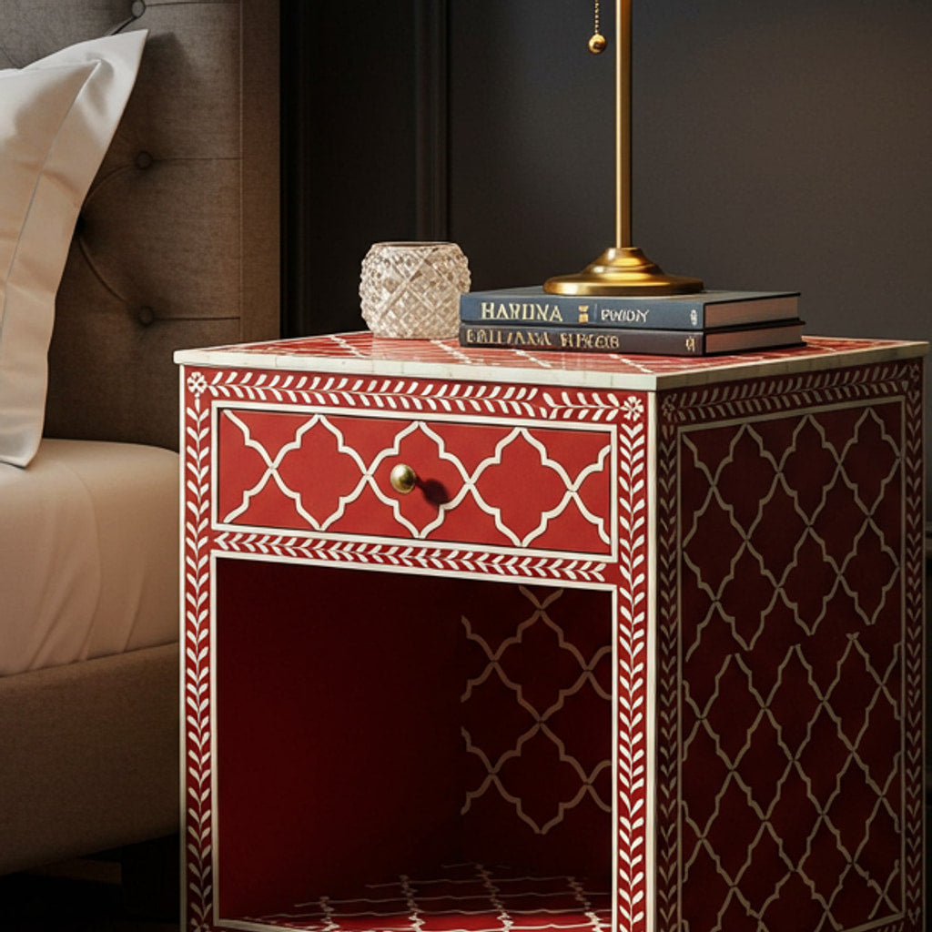Red and White Patterned Bedside Table with Single Drawer | Luxury Handmade Bedside Table