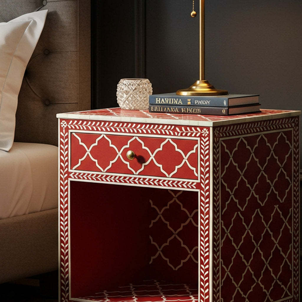 Red and White Patterned Bedside Table with Single Drawer | Luxury Handmade Bedside Table