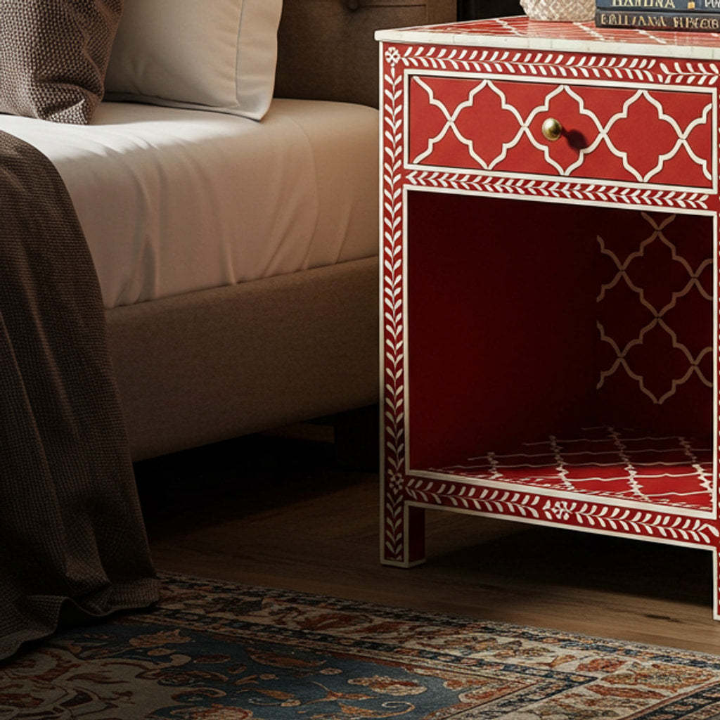 Red and White Patterned Bedside Table with Single Drawer | Luxury Handmade Bedside Table