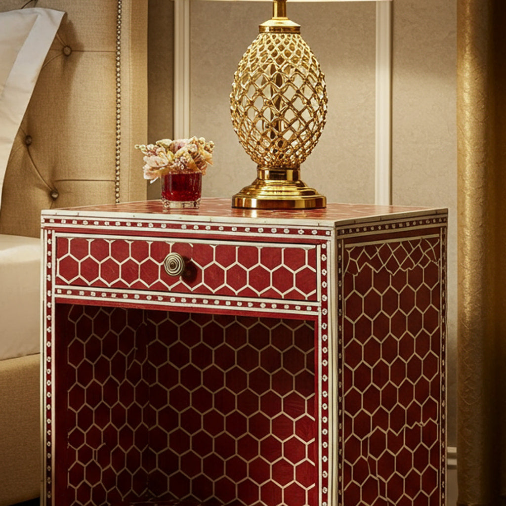 Red Geometric Patterned Wooden Nightstand with Drawer | Luxury Handmade Bedside Table