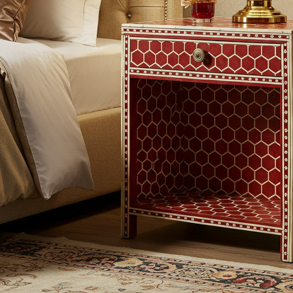 Red Geometric Patterned Wooden Nightstand with Drawer | Luxury Handmade Bedside Table