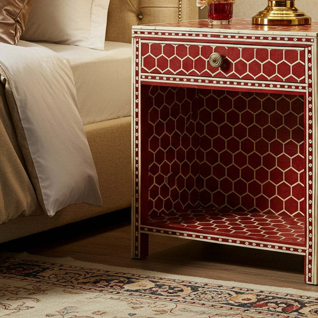Red Geometric Patterned Wooden Nightstand with Drawer | Luxury Handmade Bedside Table
