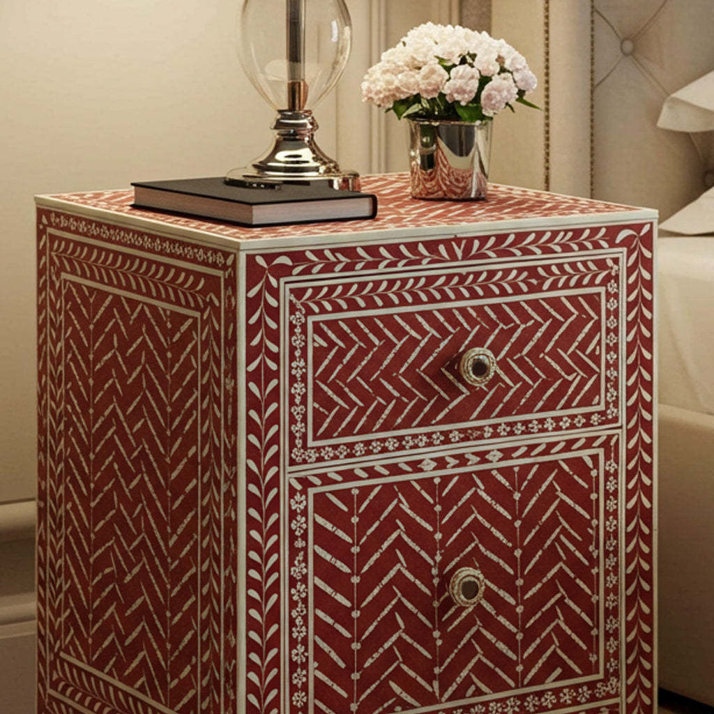 Red Patterned Wooden Bedside Cabinet | Luxury Handmade Bedside Table