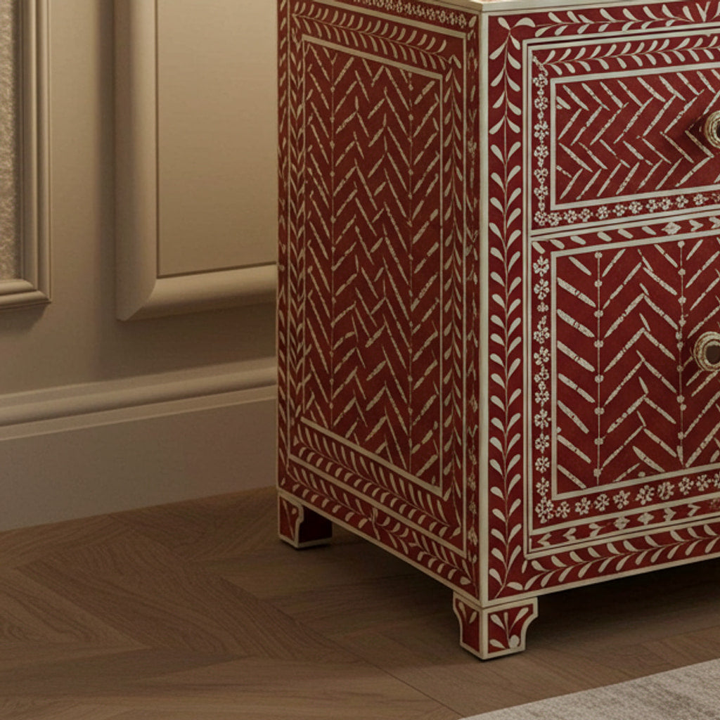 Red Patterned Wooden Bedside Cabinet | Luxury Handmade Bedside Table