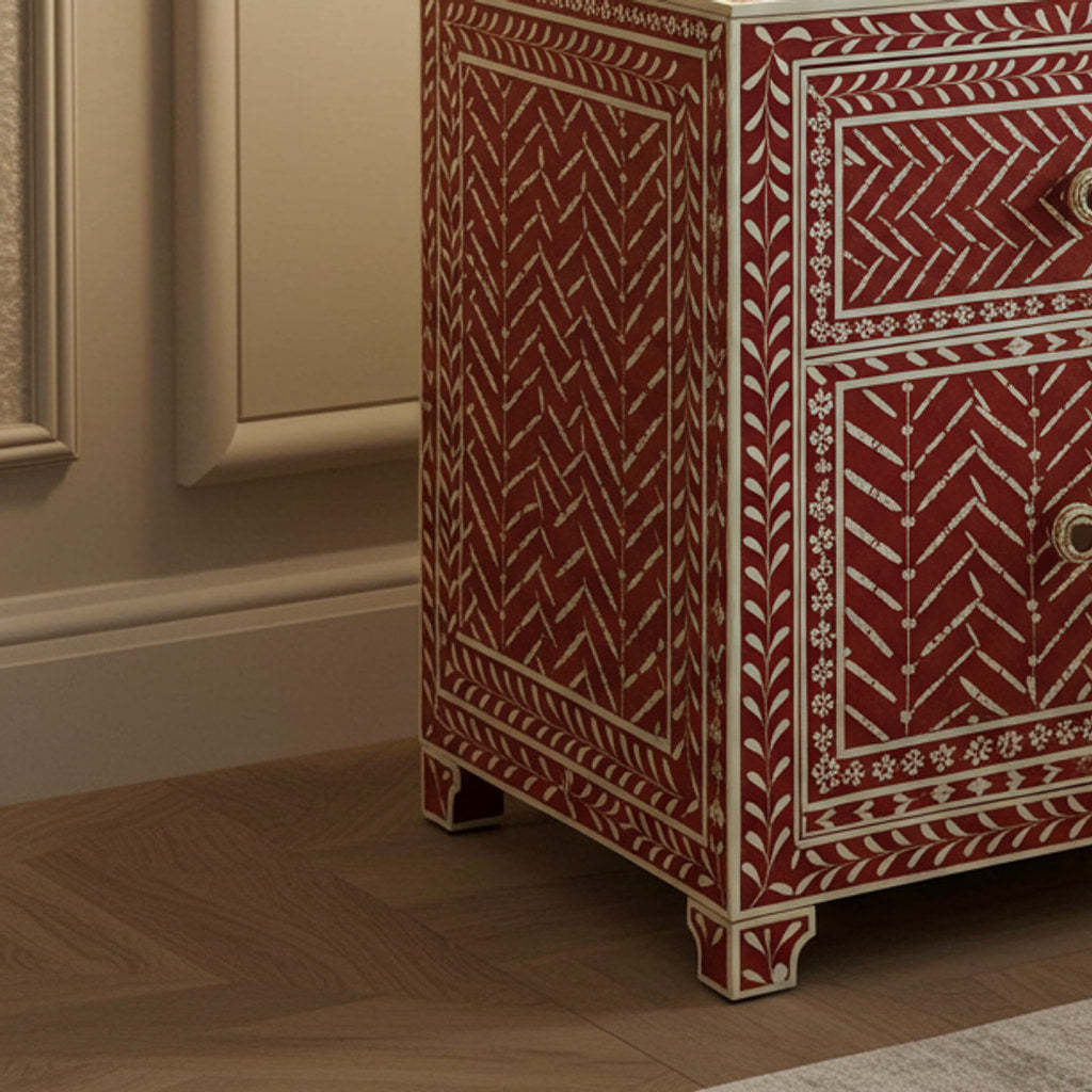 Red Patterned Wooden Bedside Cabinet | Luxury Handmade Bedside Table