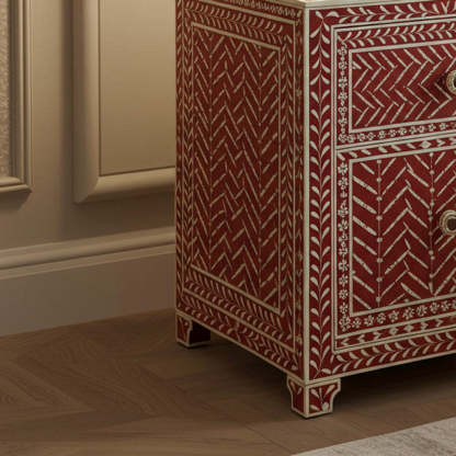 Red Patterned Wooden Bedside Cabinet | Luxury Handmade Bedside Table