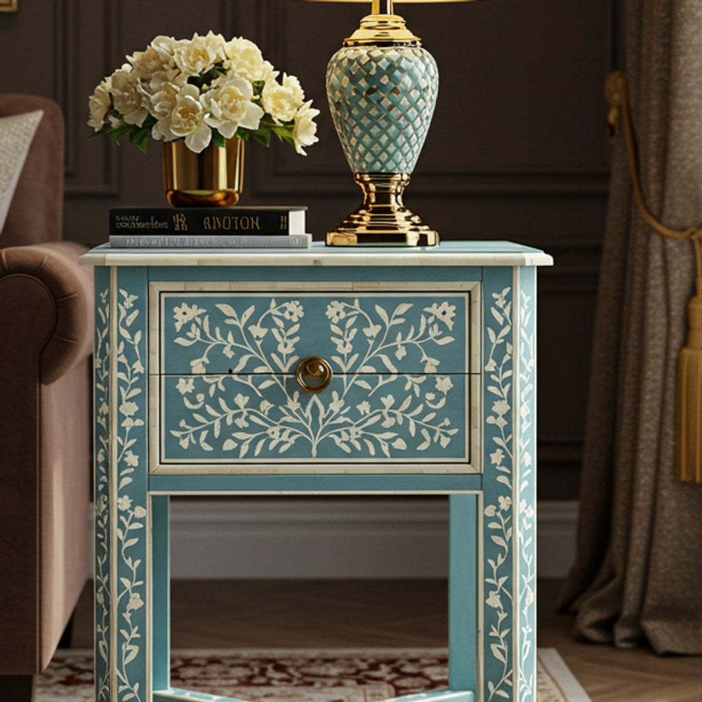 Vintage Blue Floral Accent Side Table | Luxury Handmade Bedside Table