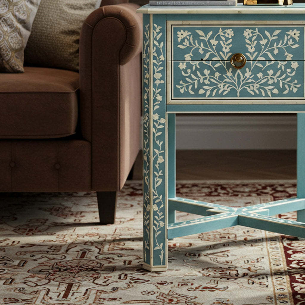 Vintage Blue Floral Accent Side Table | Luxury Handmade Bedside Table