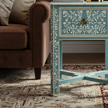 Vintage Blue Floral Accent Side Table | Luxury Handmade Bedside Table