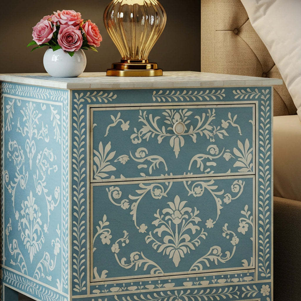 Vintage Blue Floral Pattern Bedside Table | Luxury Handmade Bedside Table
