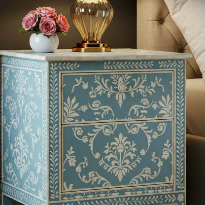 Vintage Blue Floral Pattern Bedside Table | Luxury Handmade Bedside Table