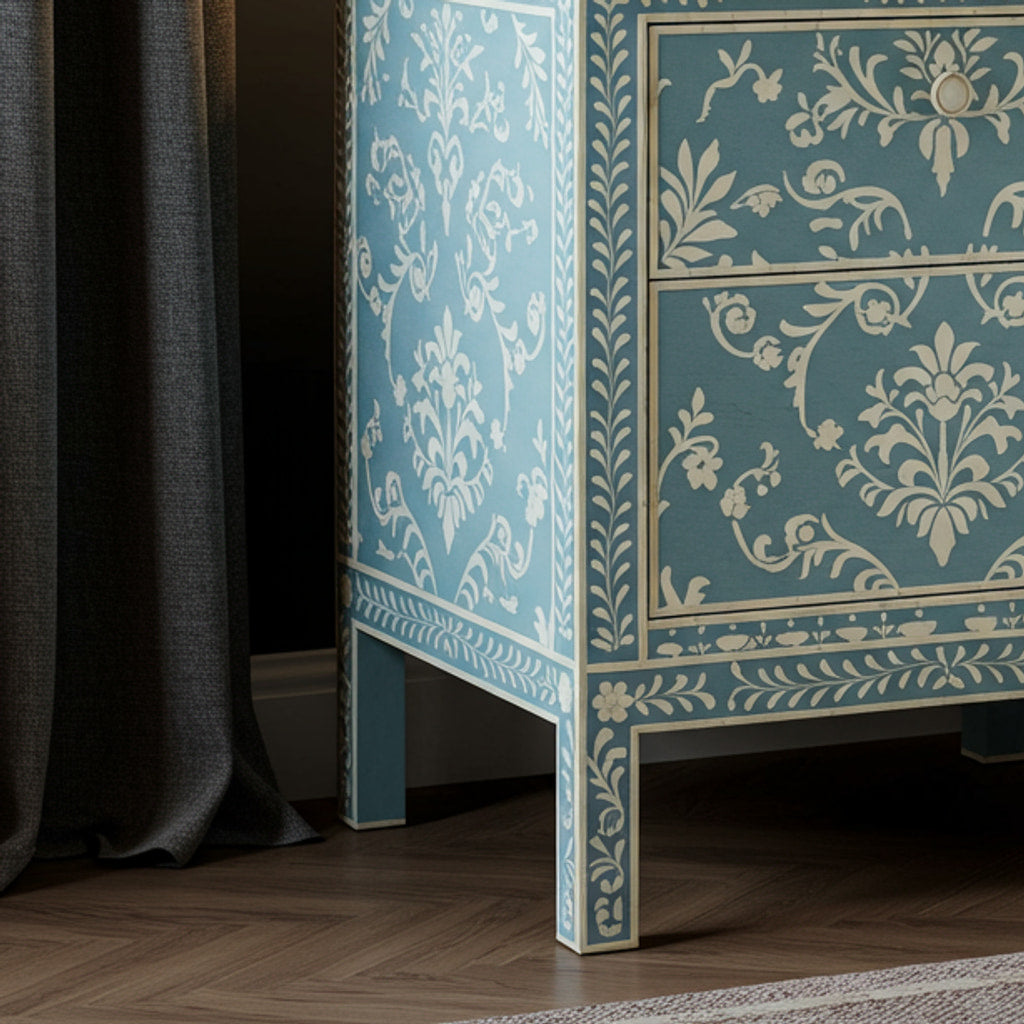 Vintage Blue Floral Pattern Bedside Table | Luxury Handmade Bedside Table