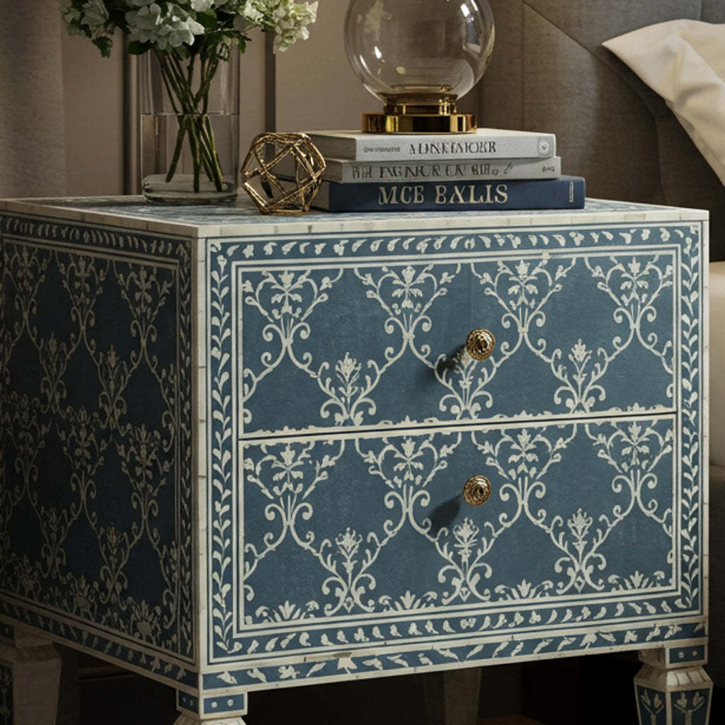 Vintage Blue Patterned Two-Drawer Nightstand | Luxury Handmade Bedside Table