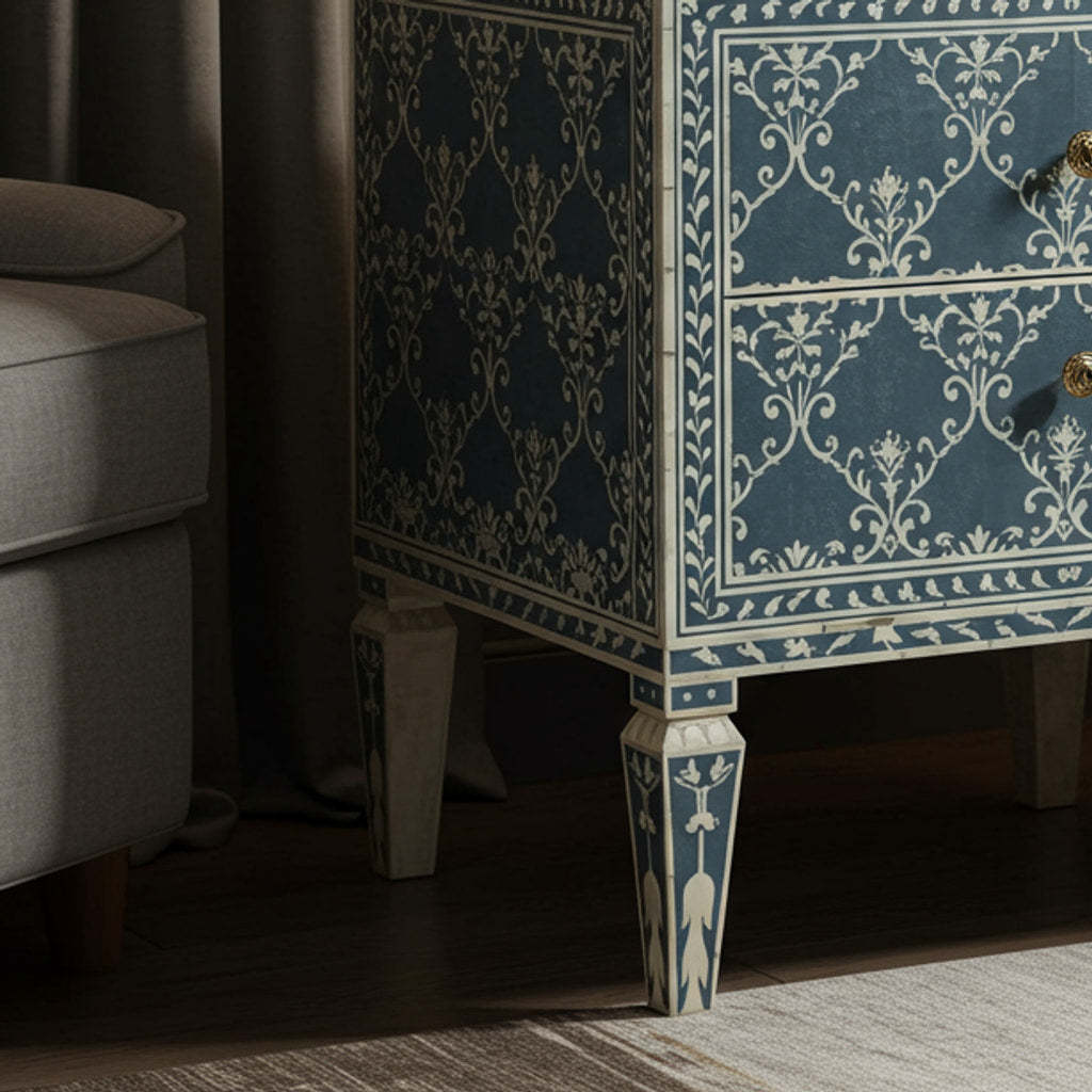 Vintage Blue Patterned Two-Drawer Nightstand | Luxury Handmade Bedside Table