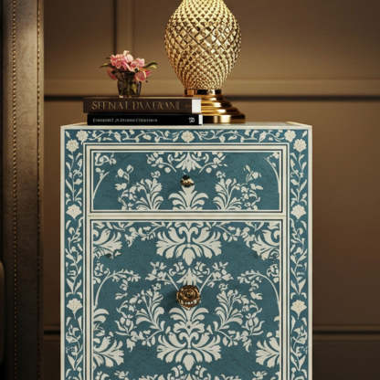 Vintage Floral Patterned Blue Nightstand | Luxury Handmade Bedside Table
