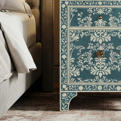 Vintage Floral Patterned Blue Nightstand | Luxury Handmade Bedside Table