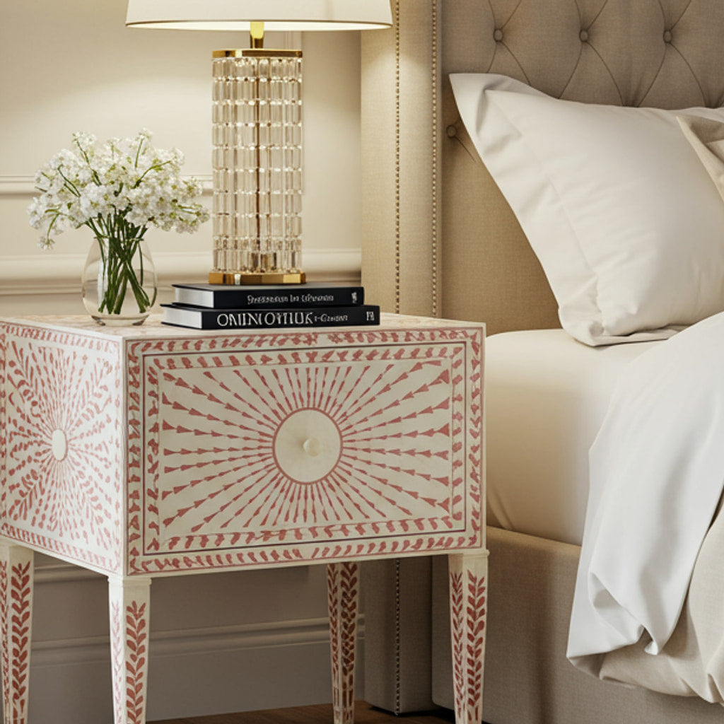 Vintage-Inspired Pink and White Patterned Wooden Nightstand | Luxury Handmade Bedside Table