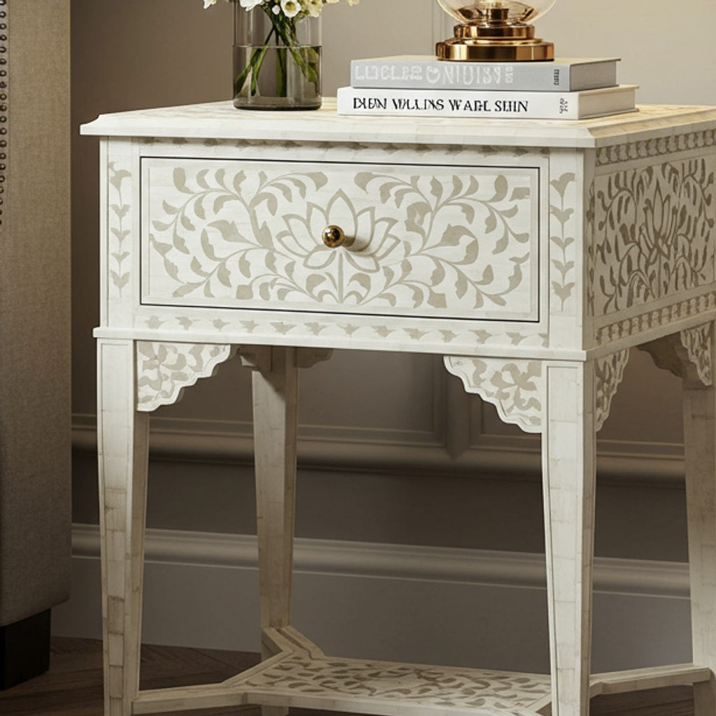 Vintage-Inspired White Bone Inlay Bedside Table | Luxury Handmade Bedside Table