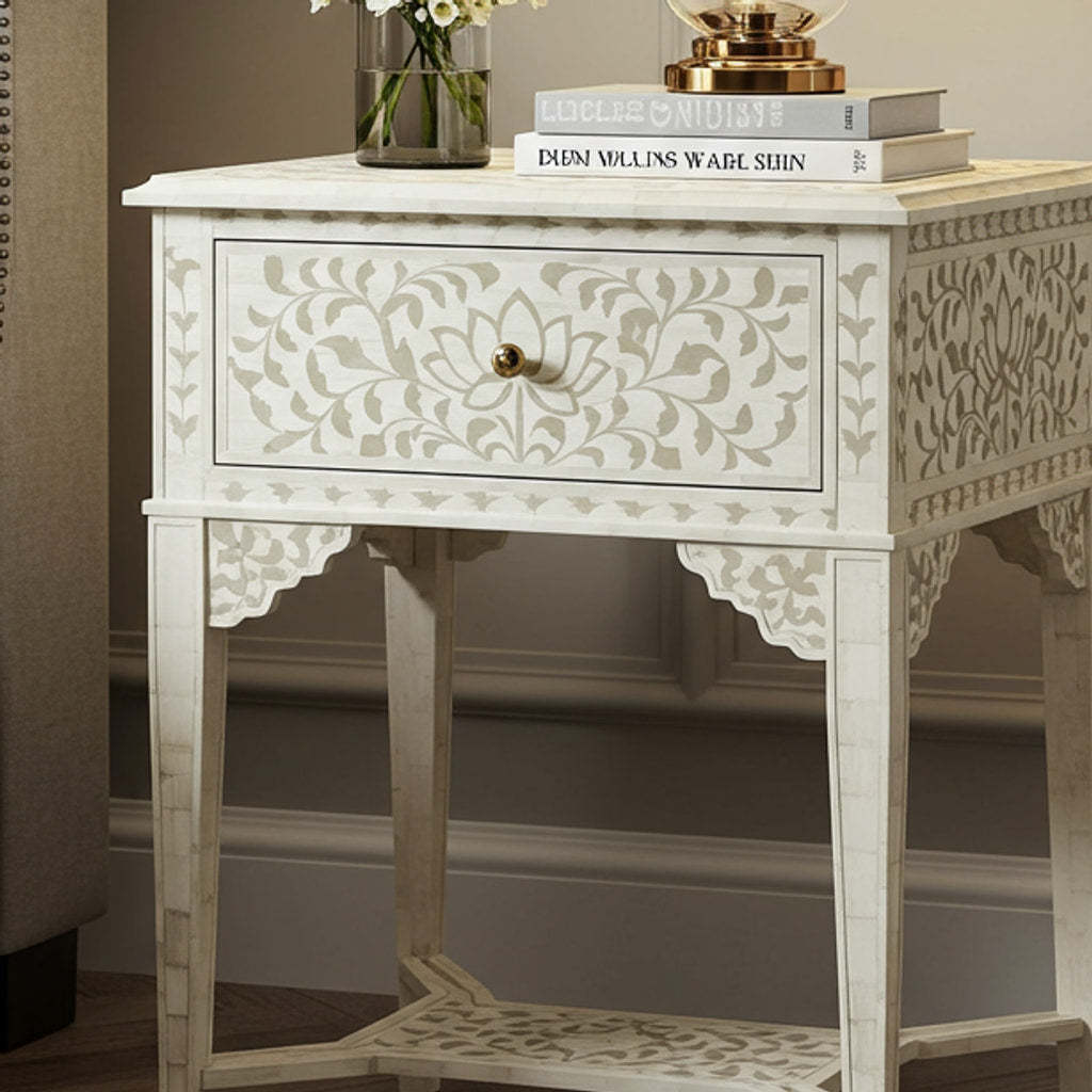 Vintage-Inspired White Bone Inlay Bedside Table | Luxury Handmade Bedside Table