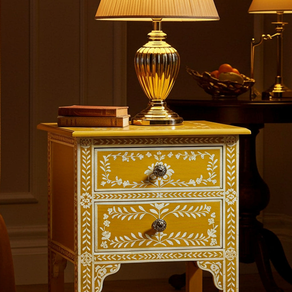 Vintage Yellow Hand-Painted Bedside Table with Two Drawers | Luxury Handmade Bedside Table