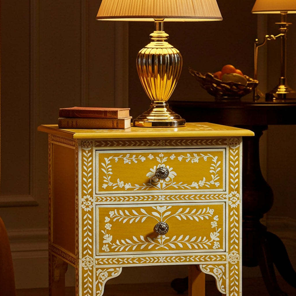 Vintage Yellow Hand-Painted Bedside Table with Two Drawers | Luxury Handmade Bedside Table