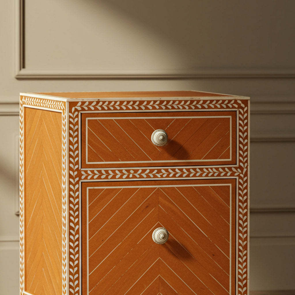 Wooden Side Table with Decorative Inlay | Luxury Handmade Bedside Table