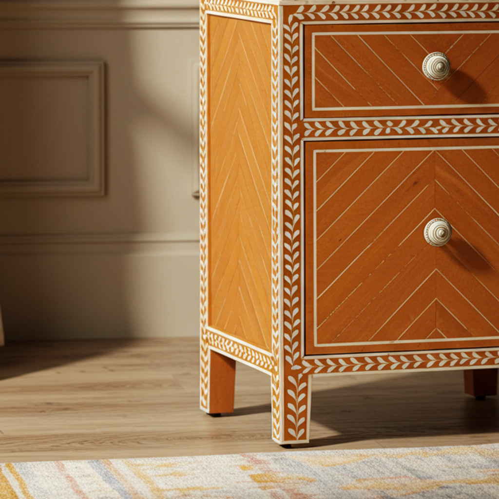 Wooden Side Table with Decorative Inlay | Luxury Handmade Bedside Table