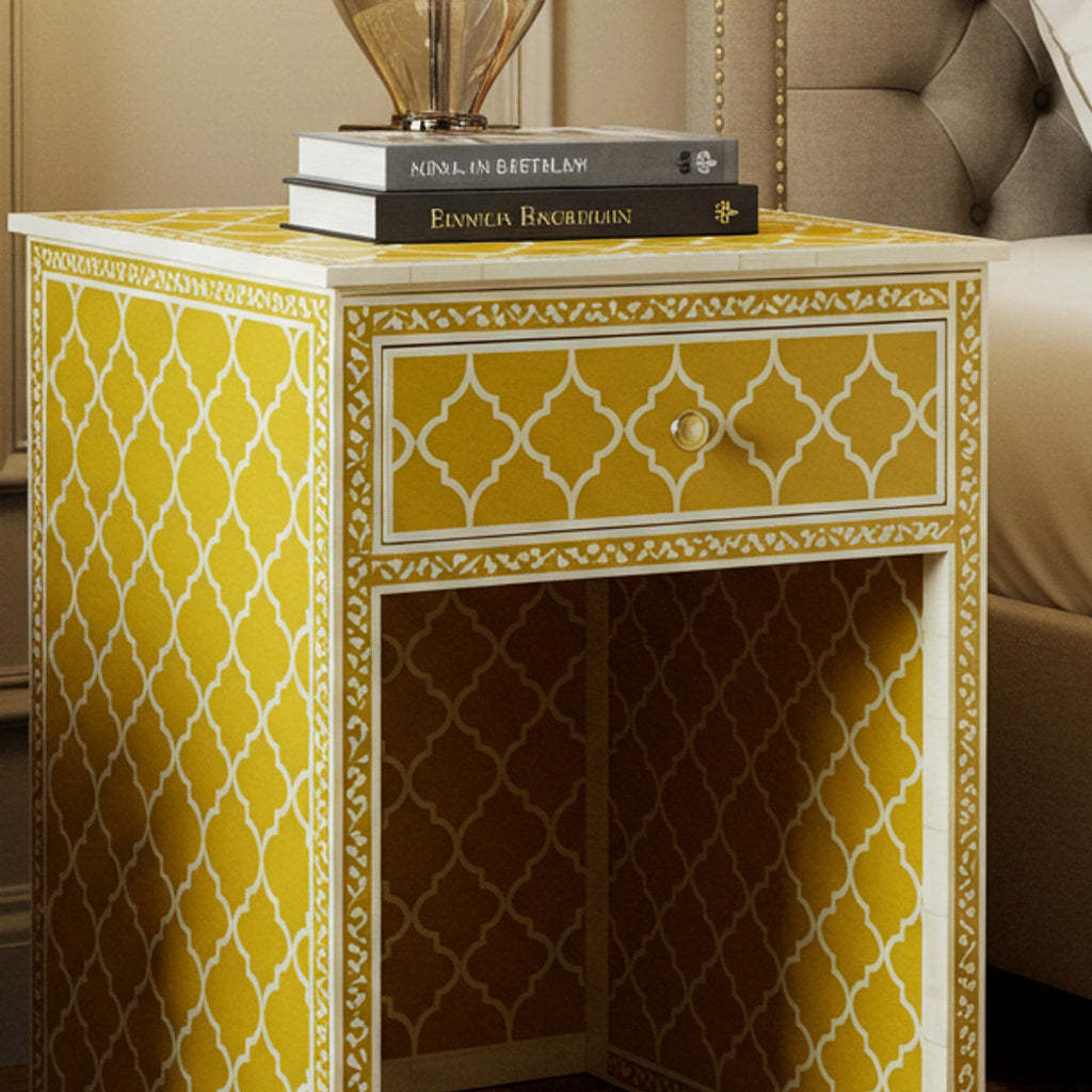 Yellow Patterned Bedside Table with Drawer | Luxury Handmade Bedside Table