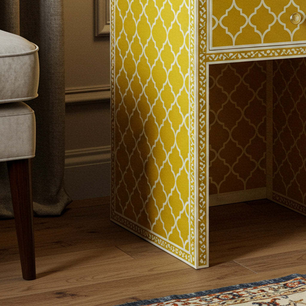 Yellow Patterned Bedside Table with Drawer | Luxury Handmade Bedside Table