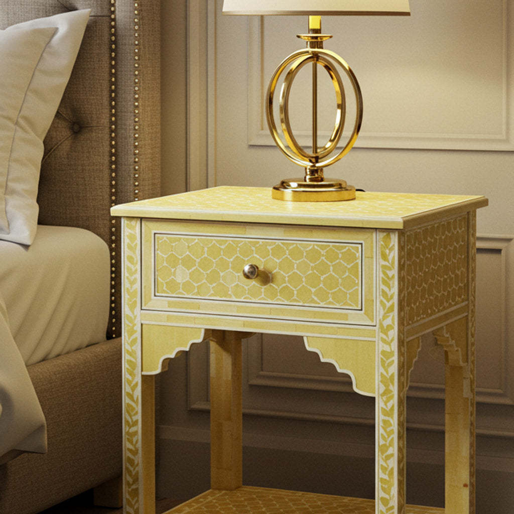 Yellow Patterned Wooden Bedside Table with Single Drawer | Luxury Handmade Bedside Table