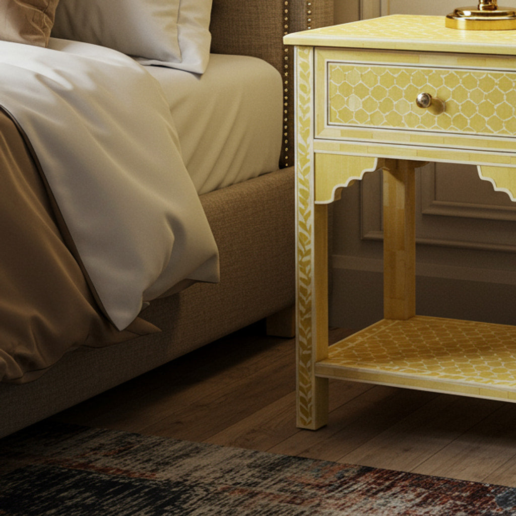 Yellow Patterned Wooden Bedside Table with Single Drawer | Luxury Handmade Bedside Table