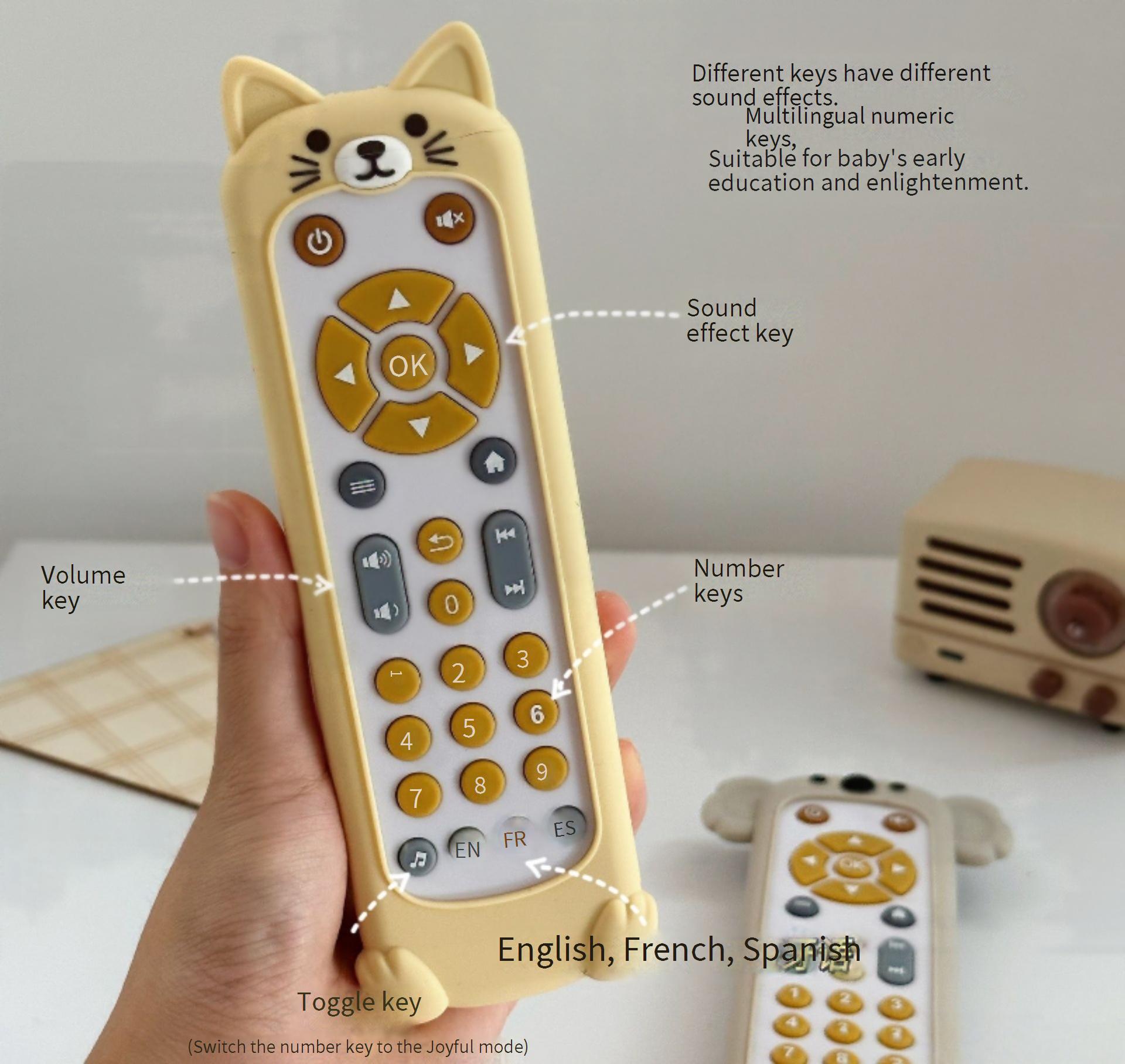 A simulated TV remote control that supports early childhood education in English, French, and Spanish