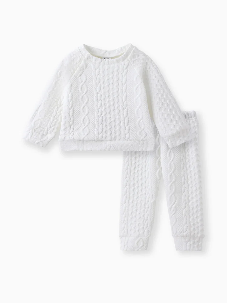 Baby Boys' and Girls' Two-Piece Solid-Color Knit Sweatshirt and Pants Set in White