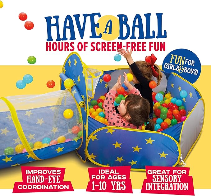 3-in-1 Children's Ball Pit and Play Tent with Starry Sky Theme, including a crawling tunnel and pop-up climbing frame set