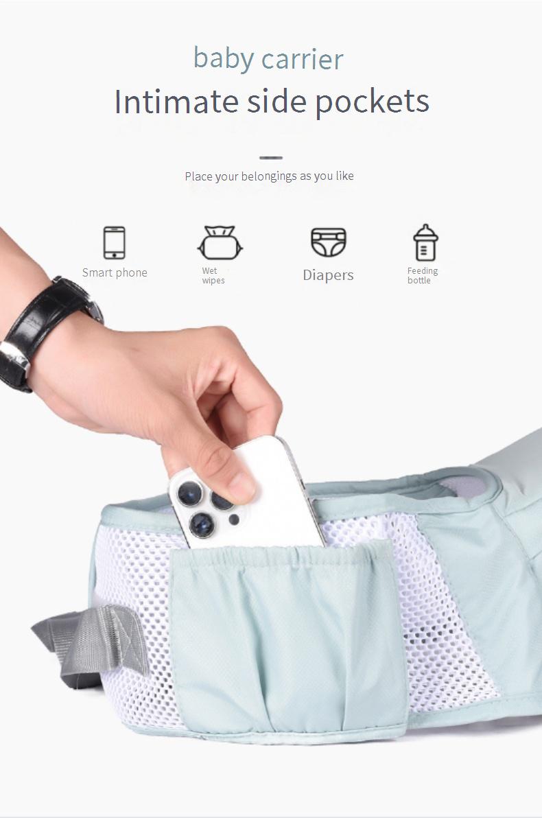 Baby carrier hip seat, single seat, usable in front or back, multi-functional.