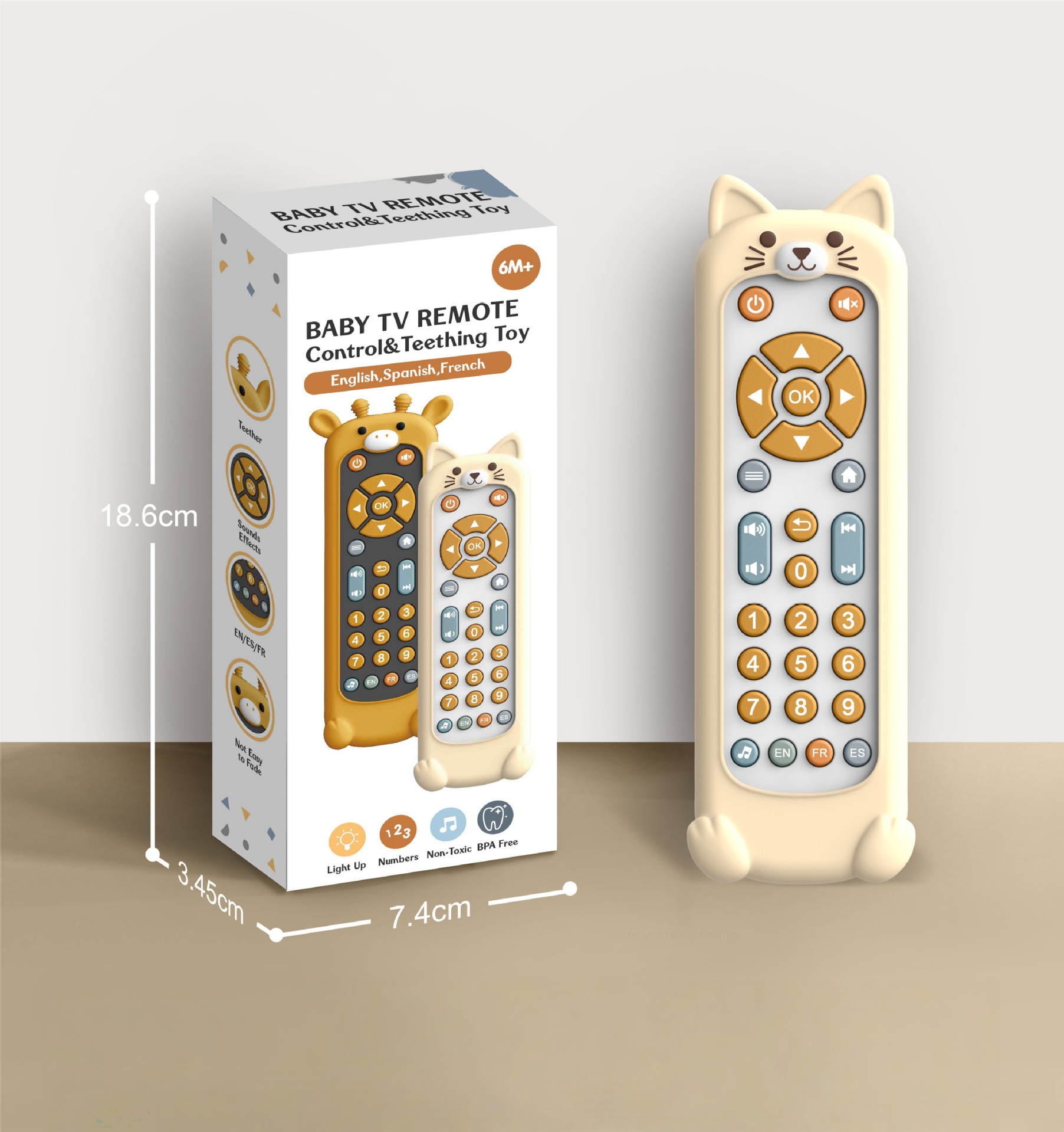 A simulated TV remote control that supports early childhood education in English, French, and Spanish
