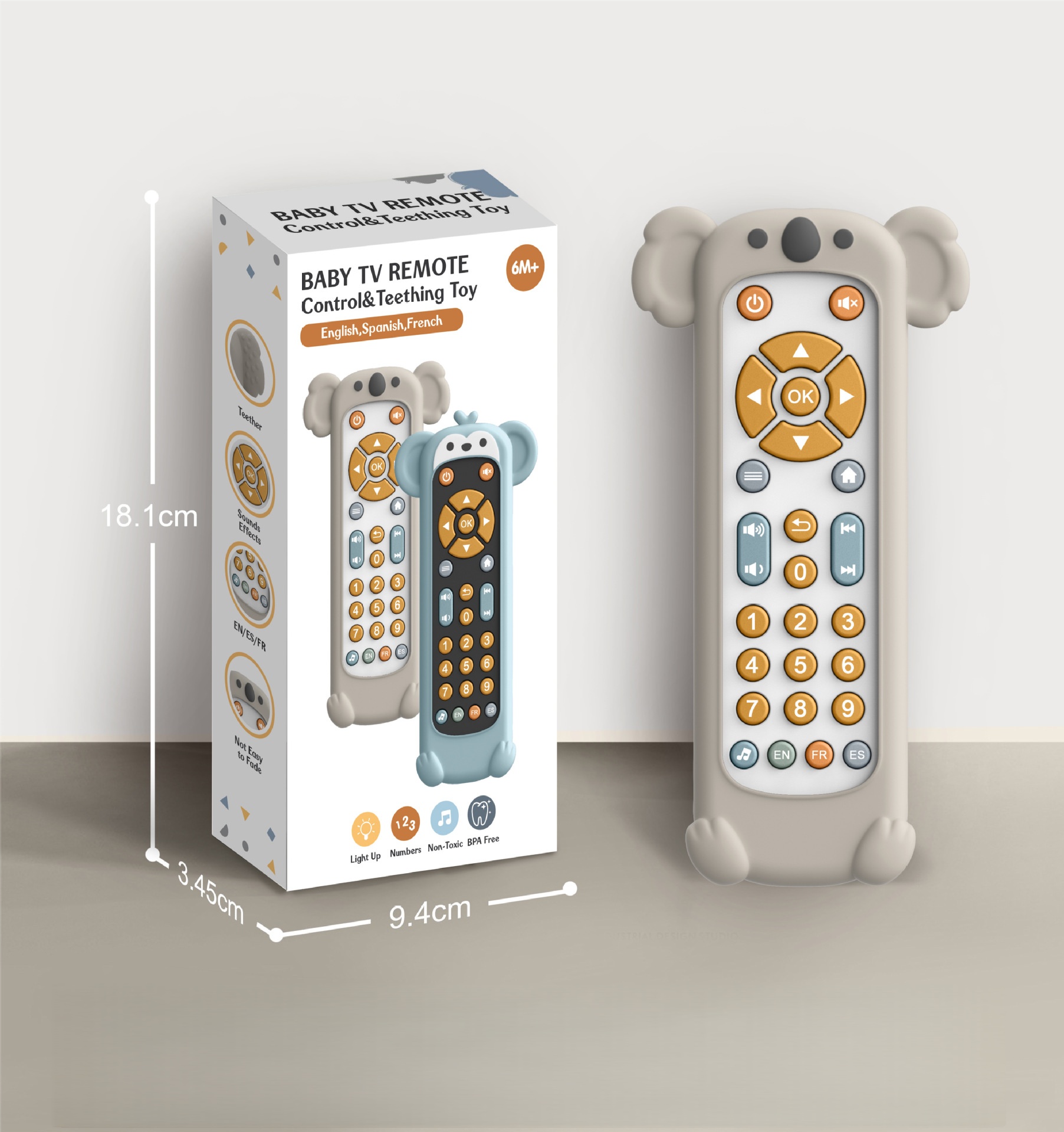 A simulated TV remote control that supports early childhood education in English, French, and Spanish