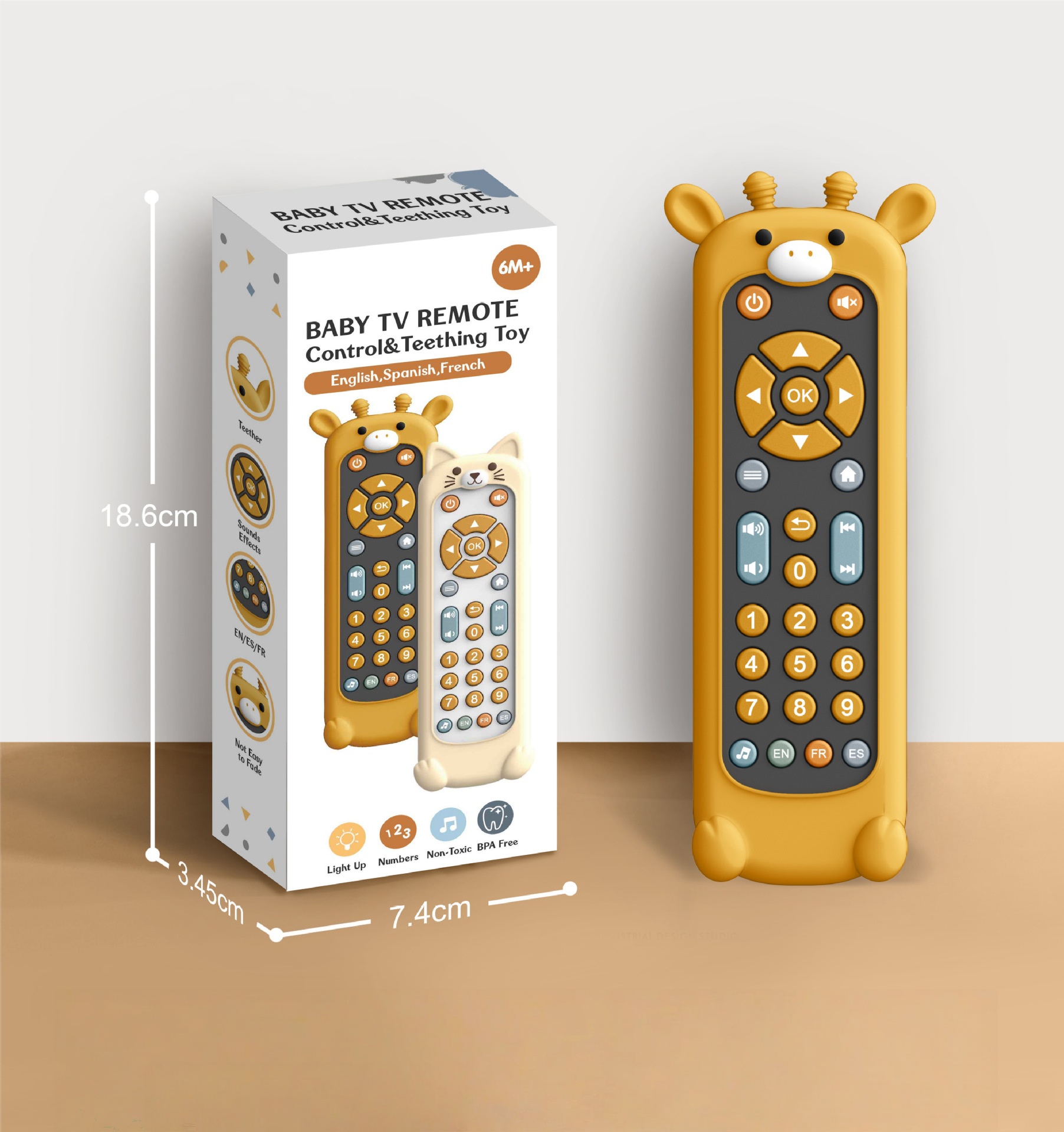 A simulated TV remote control that supports early childhood education in English, French, and Spanish