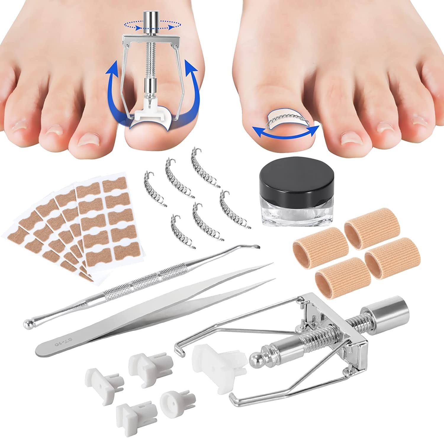 Ingrown toenail corrector, tweezers, C-shaped clip, and toe inflammation treatment kit