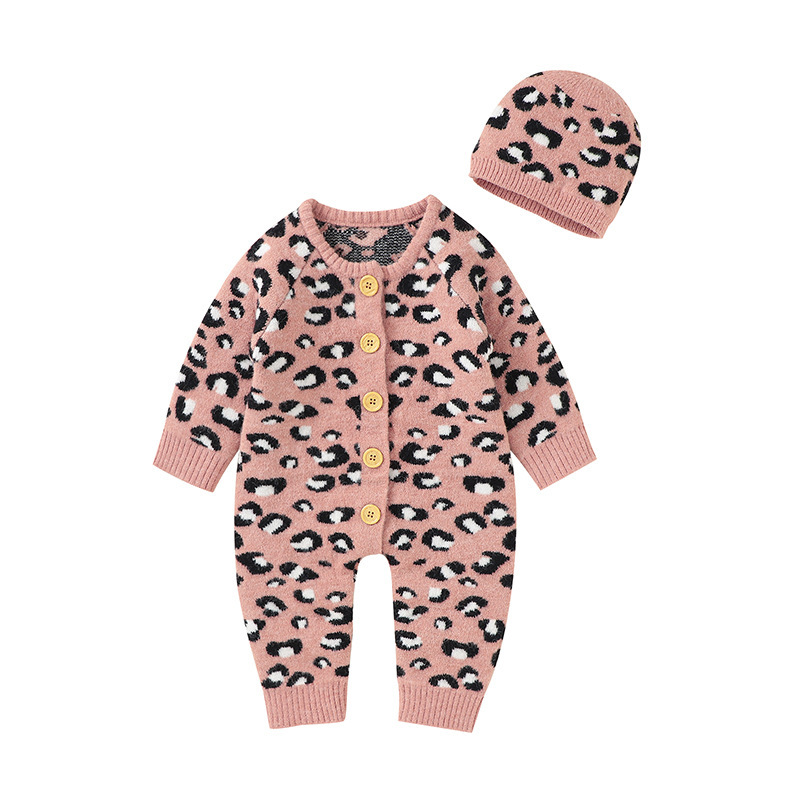 Baby Knit Leopard Print Romper Crawling Suit + Hat