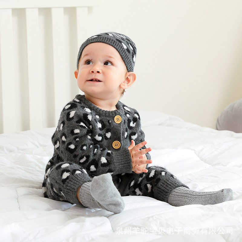 Baby Knit Leopard Print Romper Crawling Suit + Hat