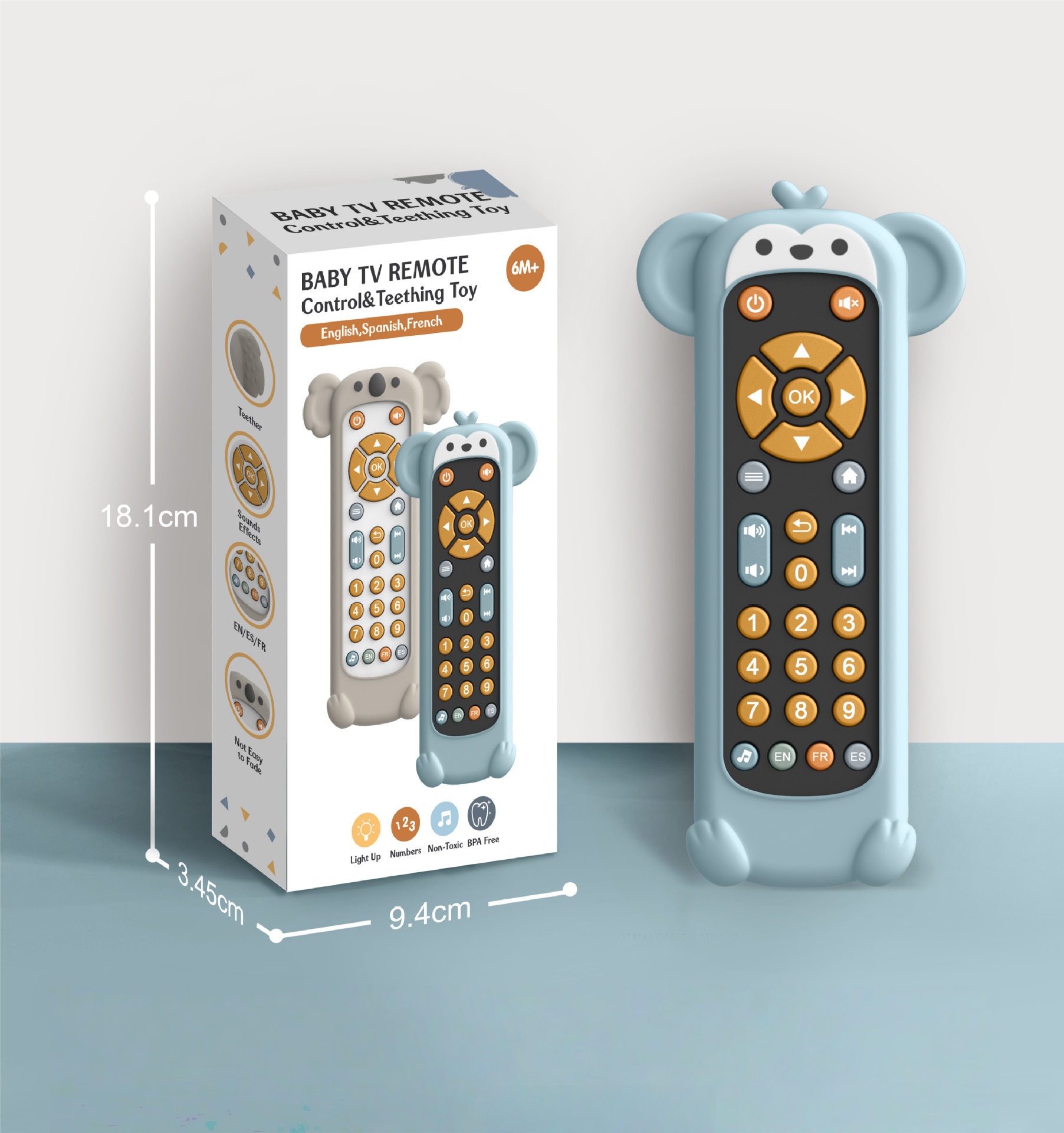 A simulated TV remote control that supports early childhood education in English, French, and Spanish