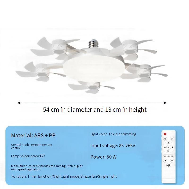 2-in-1 LED bladeless ceiling fan light with remote control, E27 lamp holder, and concealed fan blades