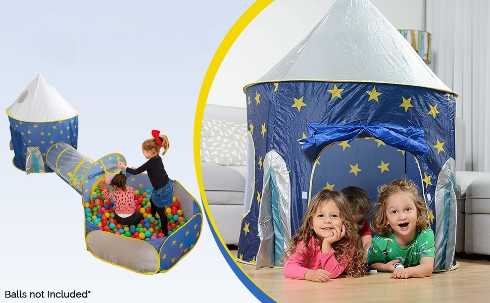 3-in-1 Children's Ball Pit and Play Tent with Starry Sky Theme, including a crawling tunnel and pop-up climbing frame set