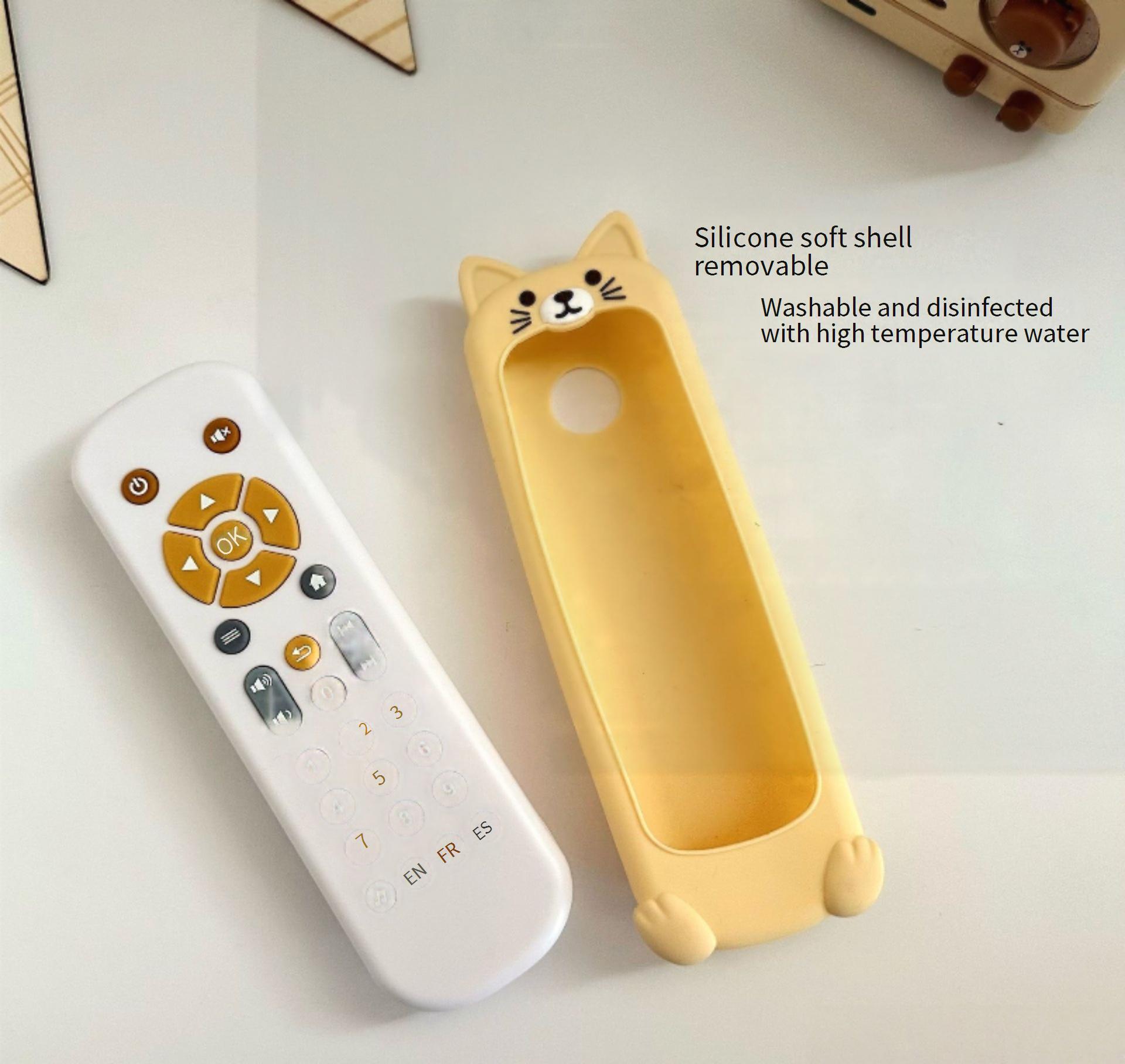 A simulated TV remote control that supports early childhood education in English, French, and Spanish